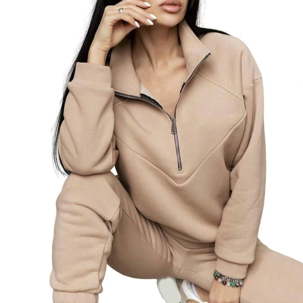 2 Pcs/Set Tracksuit Women Sweatshirt Pants Set Loose Long Sleeve Solid Color Warm Elastic Waist Tracksuit Ensemble Jogging Femme
