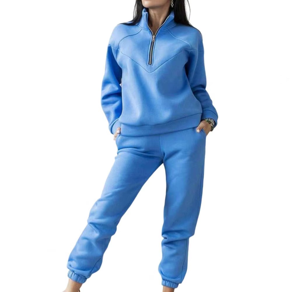2 Pcs/Set Tracksuit Women Sweatshirt Pants Set Loose Long Sleeve Solid Color Warm Elastic Waist Tracksuit Ensemble Jogging Femme
