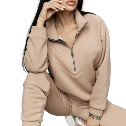 2 Pcs/Set Tracksuit Women Sweatshirt Pants Set Loose Long Sleeve Solid Color Warm Elastic Waist Tracksuit Ensemble Jogging Femme