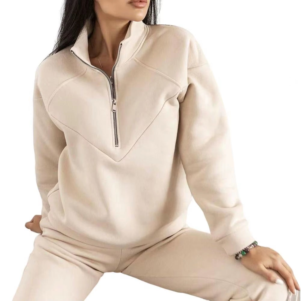 2 Pcs/Set Tracksuit Women Sweatshirt Pants Set Loose Long Sleeve Solid Color Warm Elastic Waist Tracksuit Ensemble Jogging Femme