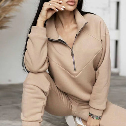 2 Pcs/Set Tracksuit Women Sweatshirt Pants Set Loose Long Sleeve Solid Color Warm Elastic Waist Tracksuit Ensemble Jogging Femme