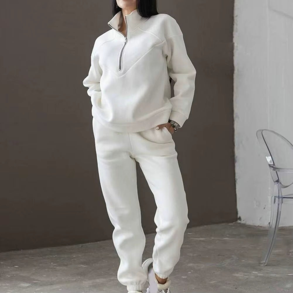 2 Pcs/Set Tracksuit Women Sweatshirt Pants Set Loose Long Sleeve Solid Color Warm Elastic Waist Tracksuit Ensemble Jogging Femme